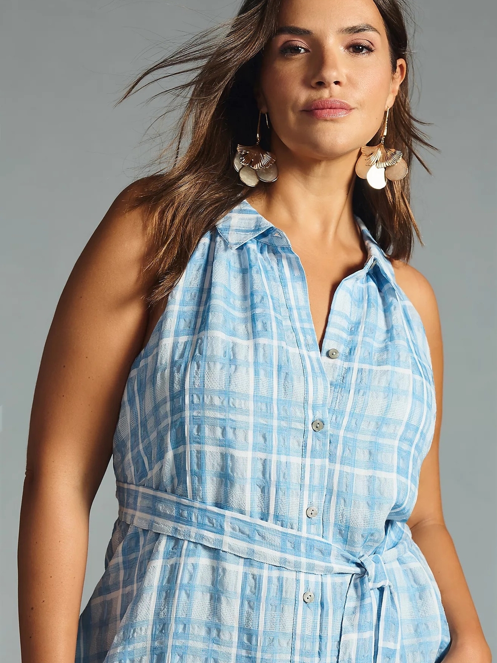 Anthropologie Sleeveless Light Blue Plaid Button-Front Maxi Dress - Picture 2 of 9